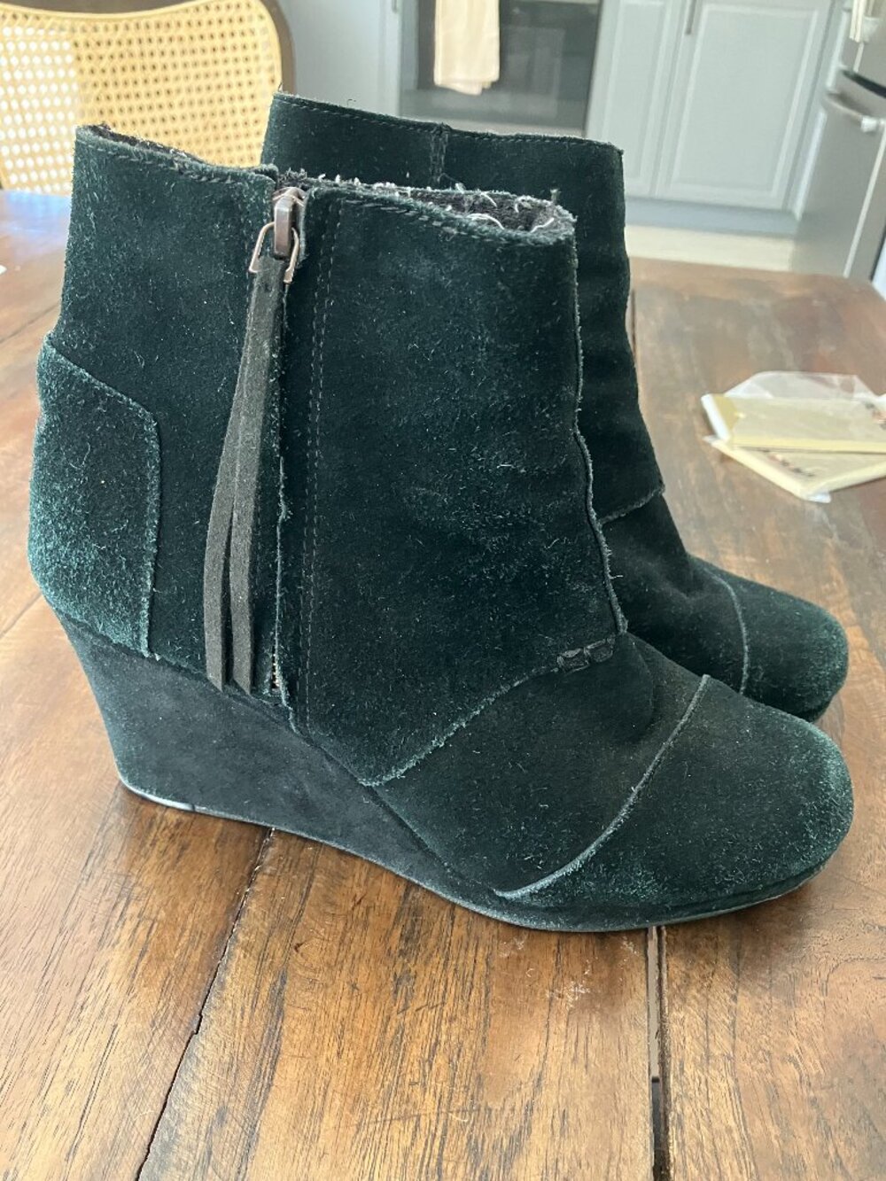 TOMS Desert Black Suede Ankle Zip Wedge Booties – Size 8.5